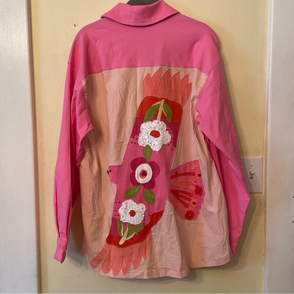 Pink Floral Embroidered Button-Down Shirt - Women's Artistic Oversized shacket M
